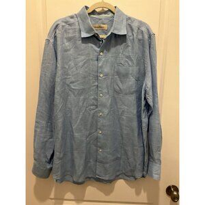 Tommy Bahama Shirt LARGE Men's Button Down L/S Light Blue Print 100% Linen
